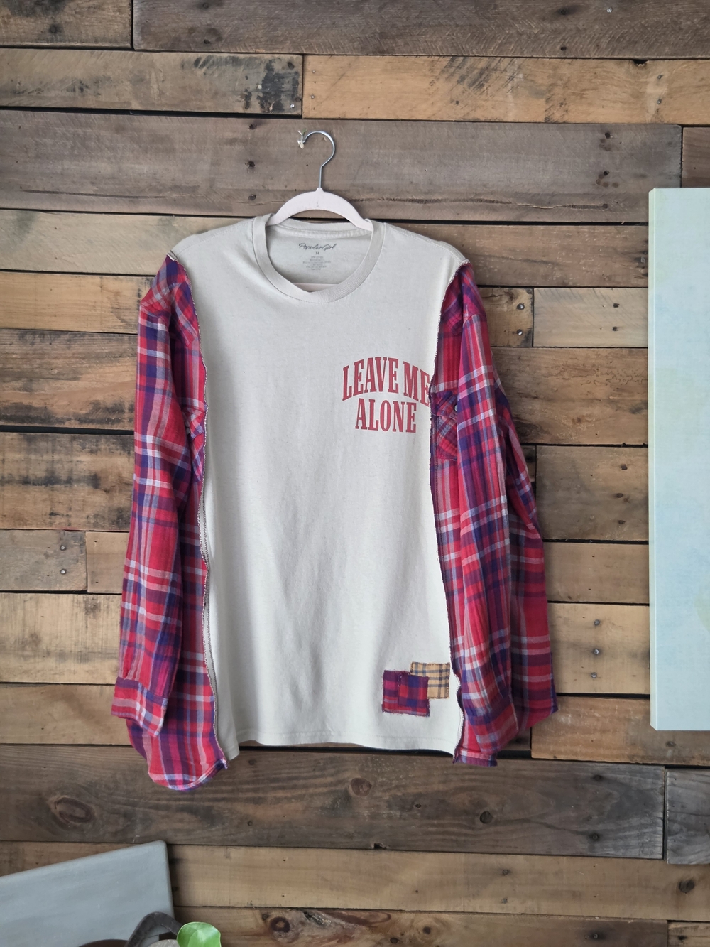 Upcycled Leave Me Alone Graphic Tee with Red Plaid Sleeve Detail - Picture 4 of 12
